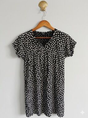 Madewell Shirred Easy Dress Woodcut Flower Print XXS Black White Mini 90s Boho